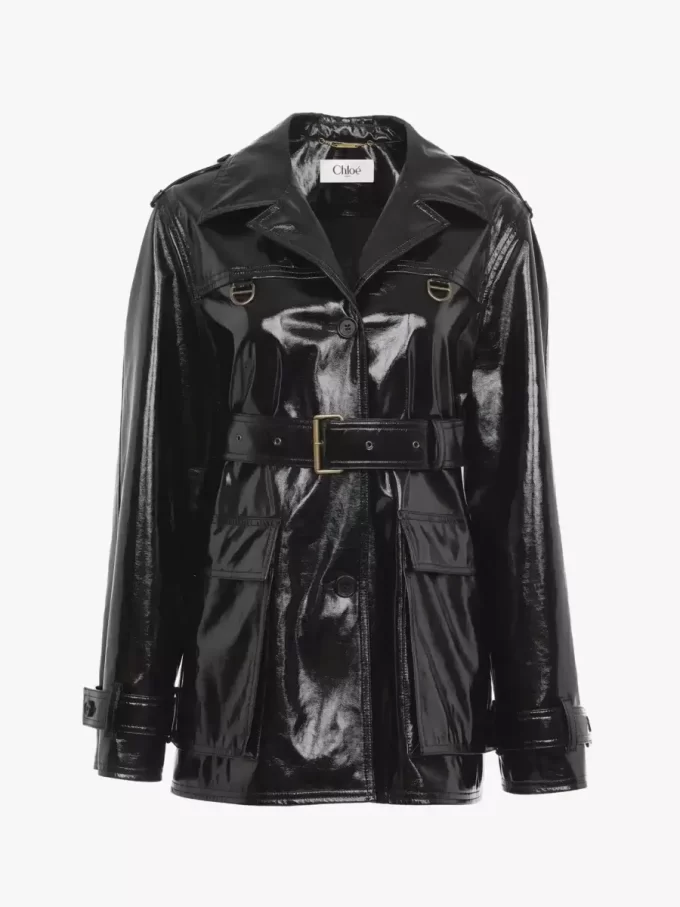 Belted jacket in shiny coated cotton Belted jacket in shiny coated cotton