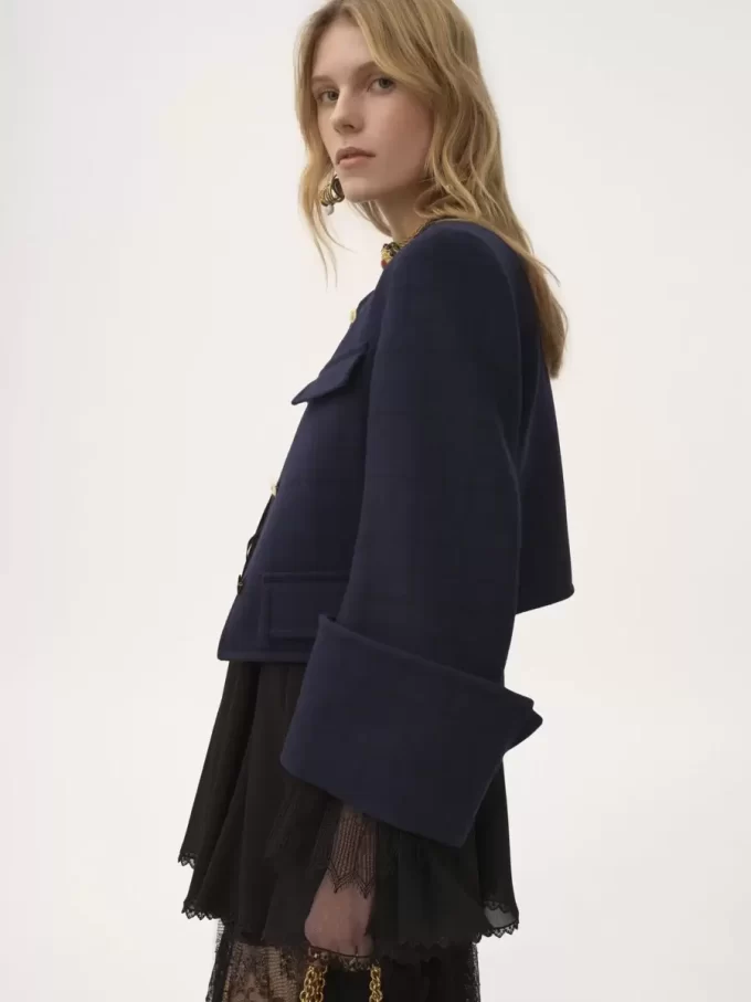 Boxy collarless jacket in wool check Boxy collarless jacket in wool check