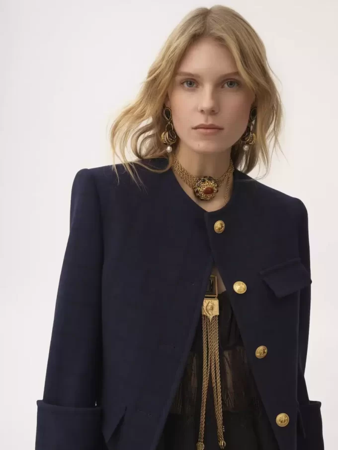 Boxy collarless jacket in wool check Boxy collarless jacket in wool check