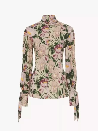 Buttoned mock-neck top in wool jersey