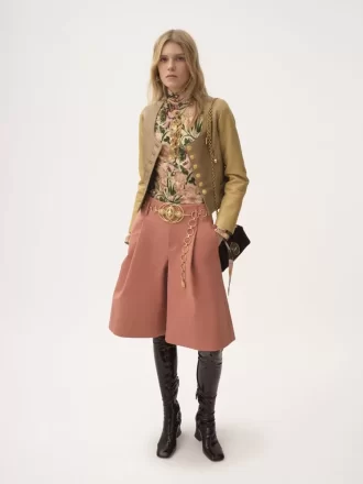 Buttoned mock-neck top in wool jersey