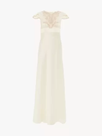 Cap-sleeve column dress in washed silk satin & lace