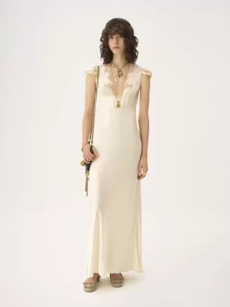 Cap-sleeve column dress in washed silk satin & lace