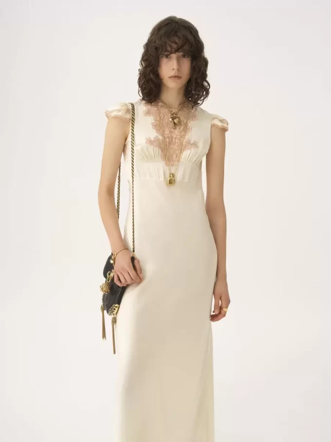 Cap-sleeve column dress in washed silk satin & lace Cap-sleeve column dress in washed silk satin & lace