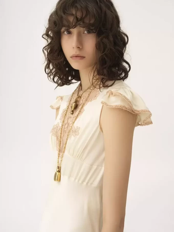 Cap-sleeve column dress in washed silk satin & lace Cap-sleeve column dress in washed silk satin & lace