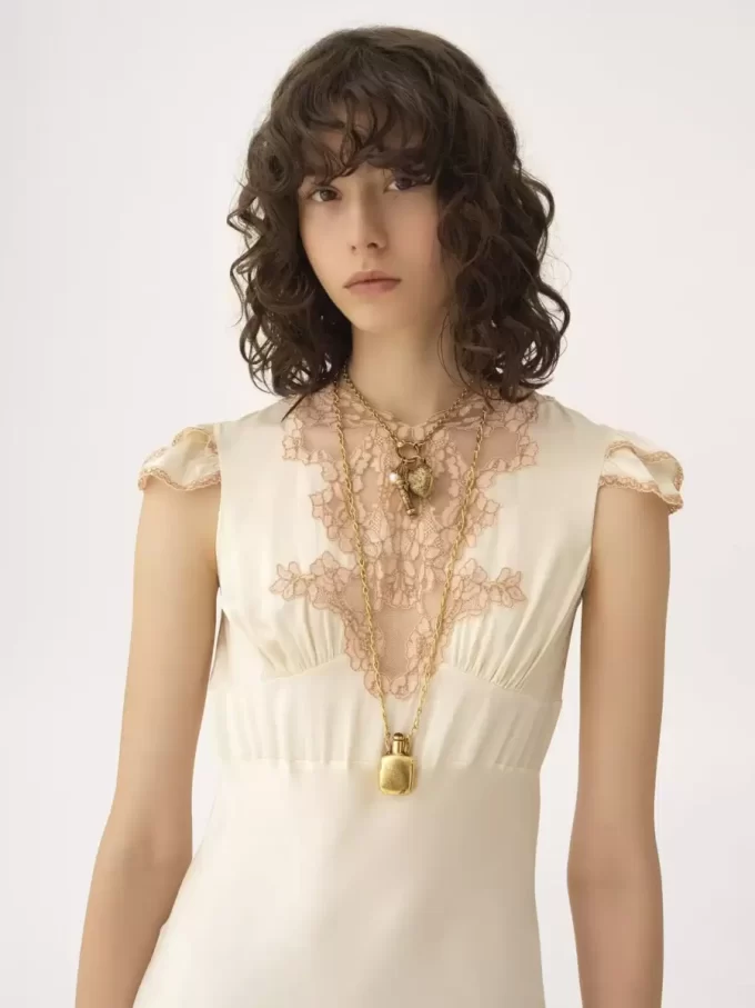 Cap-sleeve column dress in washed silk satin & lace Cap-sleeve column dress in washed silk satin & lace