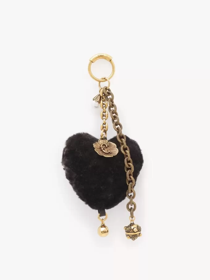 Chloé Symbols Heart Shearling bag charm in brass Chloé Symbols Heart Shearling bag charm in brass