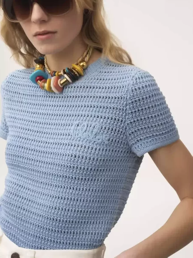 Crew-neck logo top in cotton crochet knit