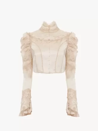 Cropped fitted jacket in silk duchess satin & lace