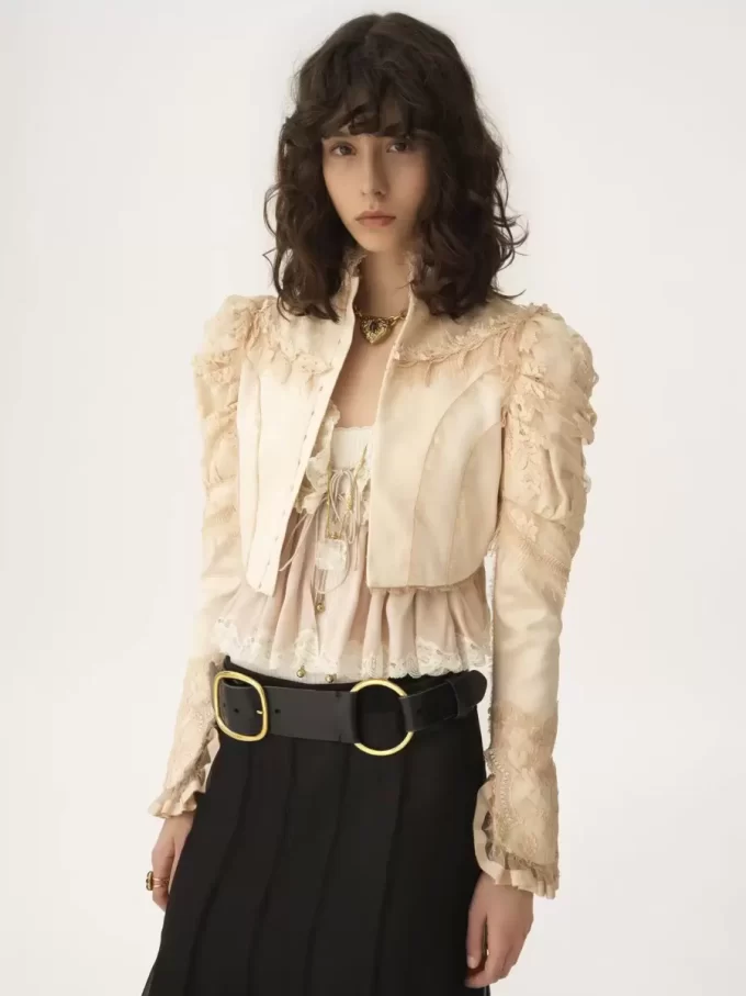 Cropped fitted jacket in silk duchess satin & lace Cropped fitted jacket in silk duchess satin & lace