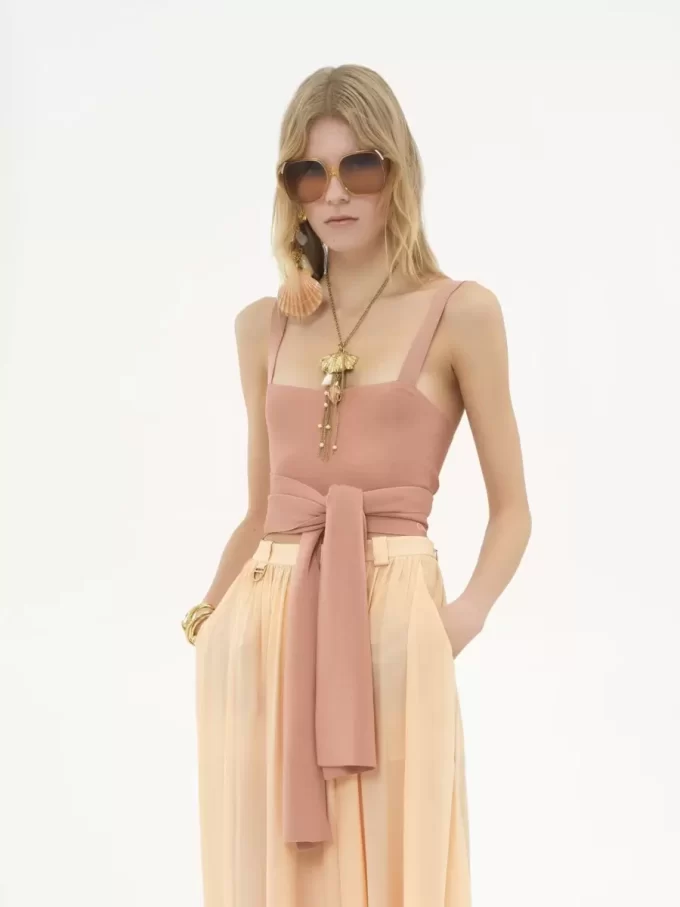 Cropped front-tie tank top in shiny viscose knit Cropped front-tie tank top in shiny viscose knit