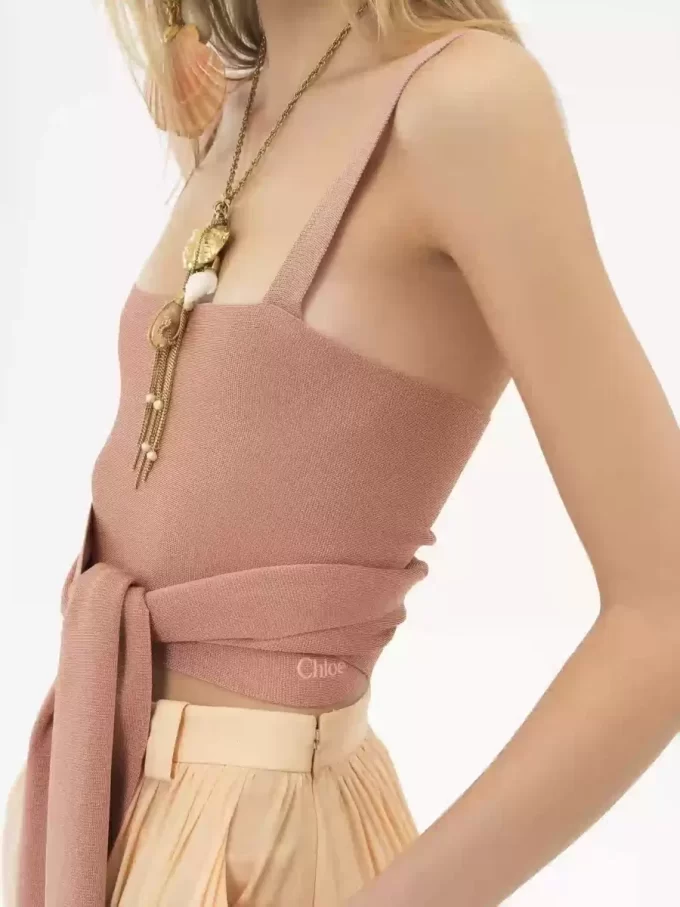 Cropped front-tie tank top in shiny viscose knit Cropped front-tie tank top in shiny viscose knit