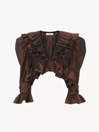 Cropped V-neck ruffle top in washed silk taffeta