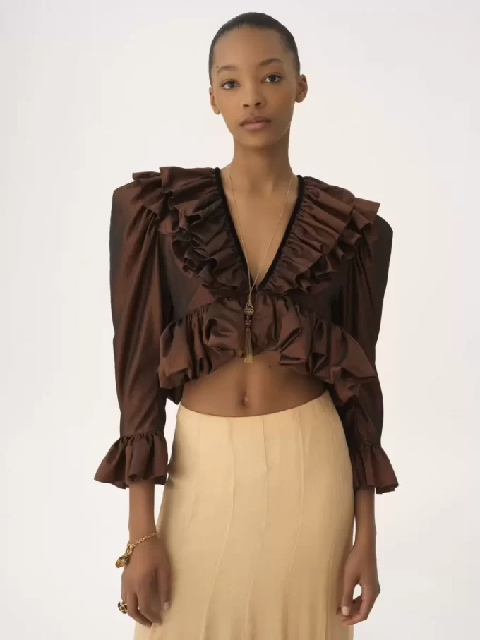 Cropped V-neck ruffle top in washed silk taffeta Cropped V-neck ruffle top in washed silk taffeta