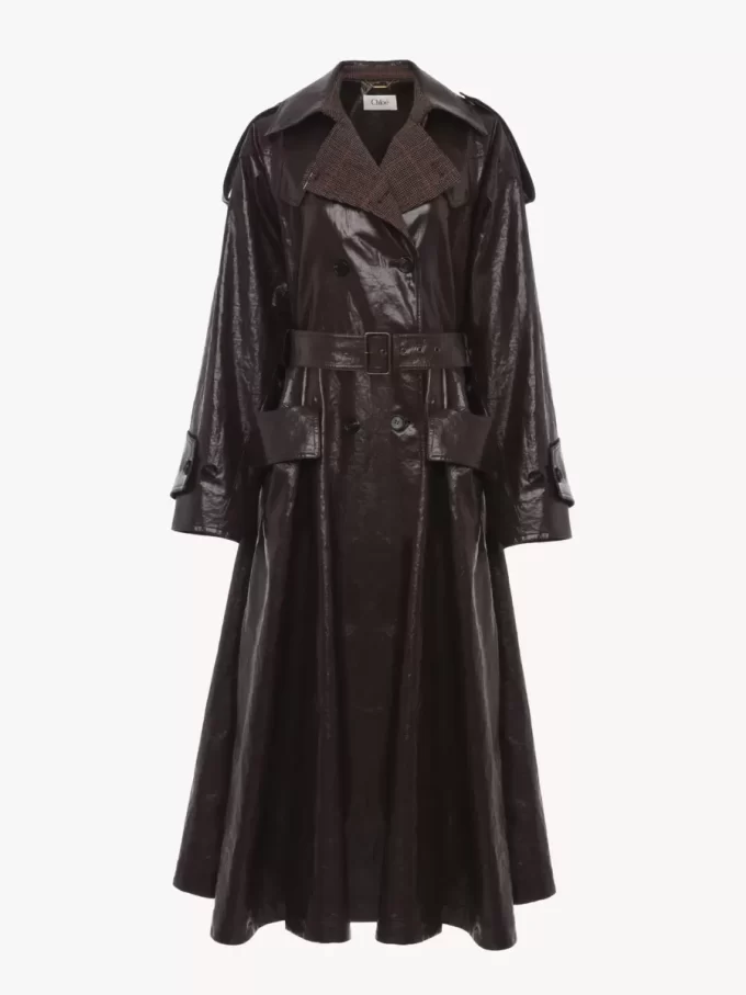 Double-breasted long riding coat in coated linen Double-breasted long riding coat in coated linen