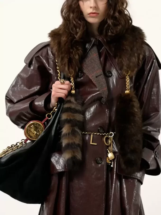 Double-breasted long riding coat in coated linen Double-breasted long riding coat in coated linen