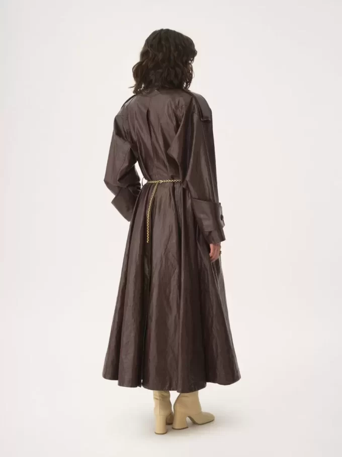 Double-breasted long riding coat in coated linen Double-breasted long riding coat in coated linen