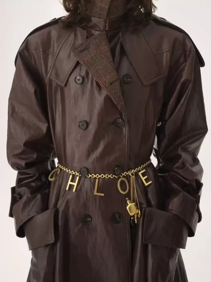 Double-breasted long riding coat in coated linen Double-breasted long riding coat in coated linen