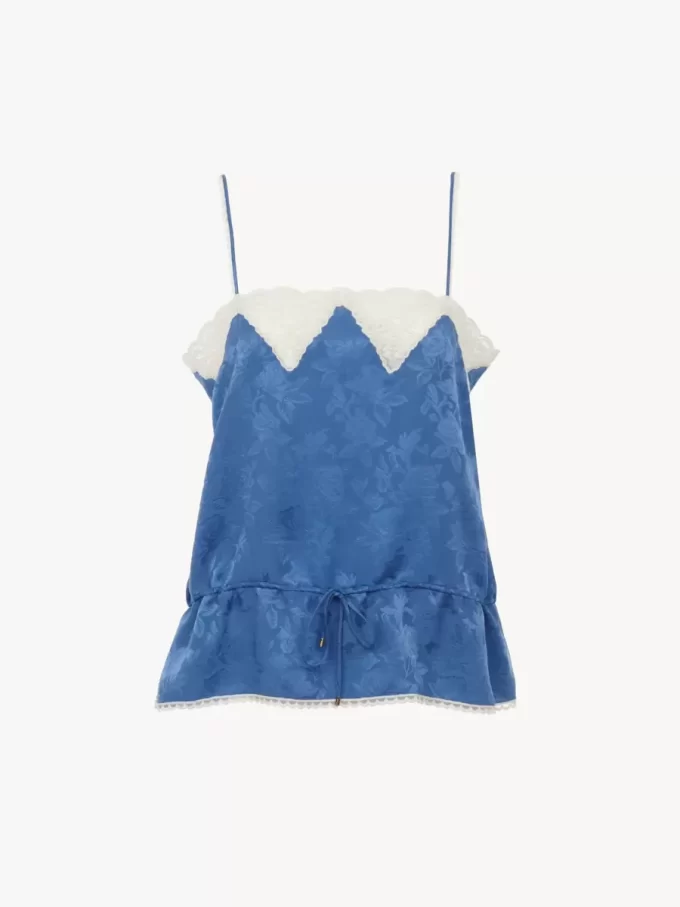 Drawstring camisole top in silk jacquard & lace Drawstring camisole top in silk jacquard & lace