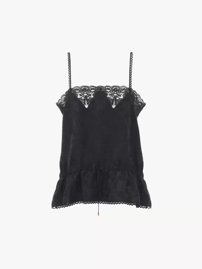 Drawstring camisole top in silk jacquard & lace Drawstring camisole top in silk jacquard & lace