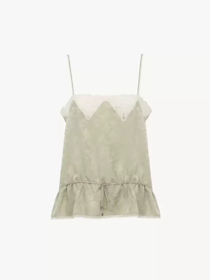 Drawstring camisole top in silk jacquard & lace Drawstring camisole top in silk jacquard & lace