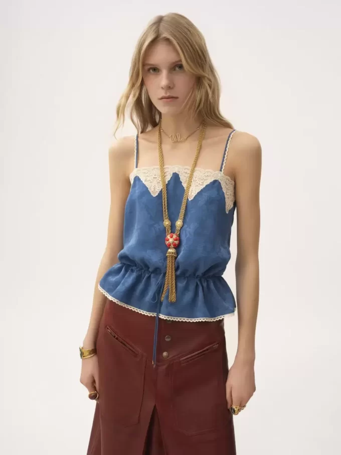 Drawstring camisole top in silk jacquard & lace Drawstring camisole top in silk jacquard & lace