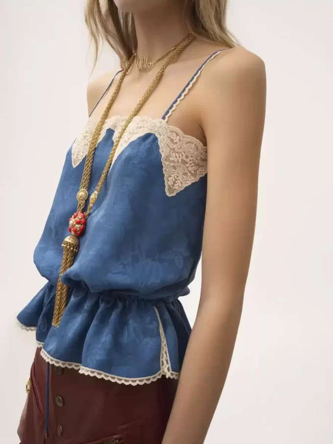 Drawstring camisole top in silk jacquard & lace Drawstring camisole top in silk jacquard & lace