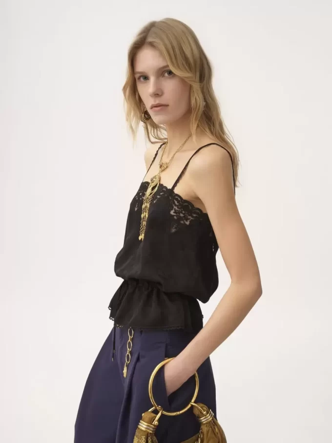 Drawstring camisole top in silk jacquard & lace Drawstring camisole top in silk jacquard & lace