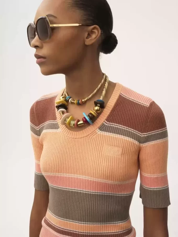 Elbow-sleeve fitted logo top in cotton knit Elbow-sleeve fitted logo top in cotton knit