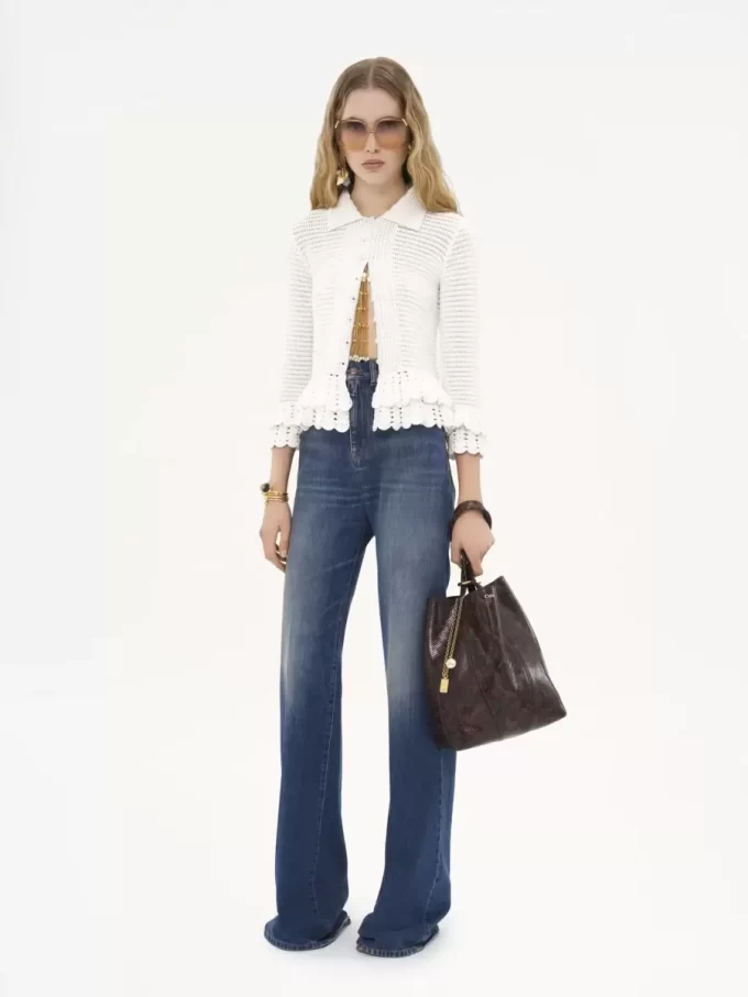 Fitted ruffled cardigan in crochet knit