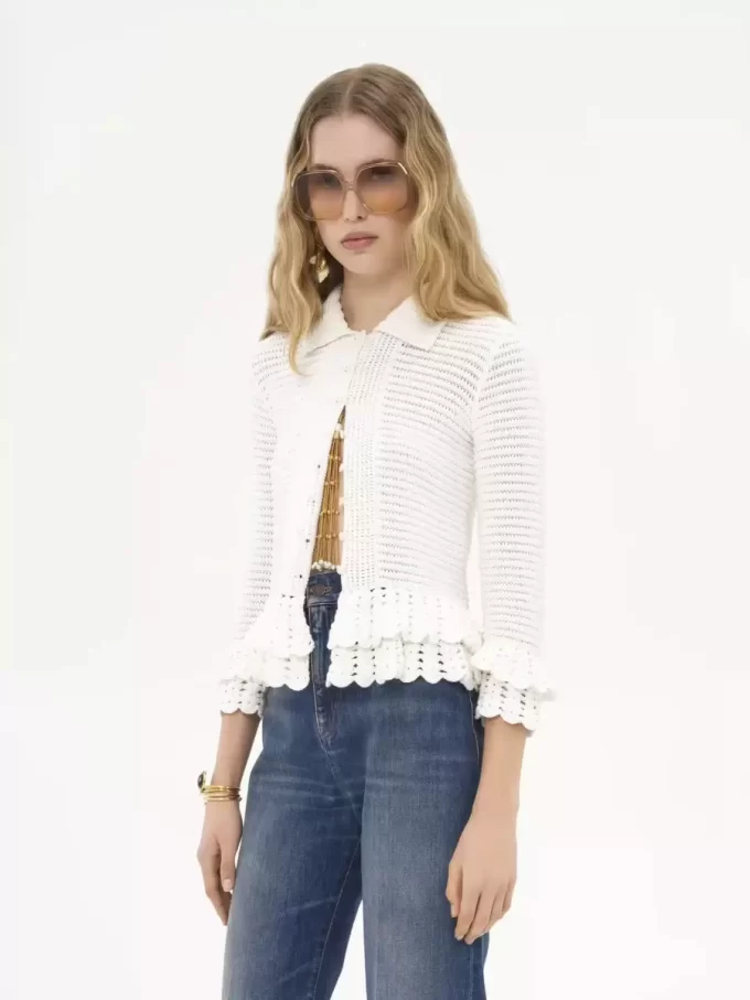 Fitted ruffled cardigan in crochet knit
