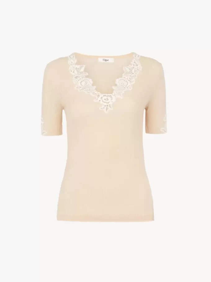 Fitted short-sleeve top in guipure lace wool knit Fitted short-sleeve top in guipure lace wool knit