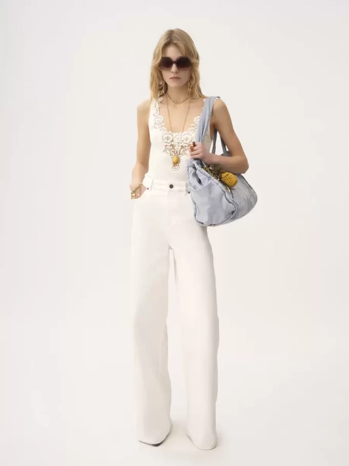 Fitted tank top in cotton jersey & guipure Fitted tank top in cotton jersey & guipure