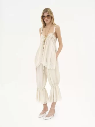 Fluid cropped pants in washed silk pongé & lace