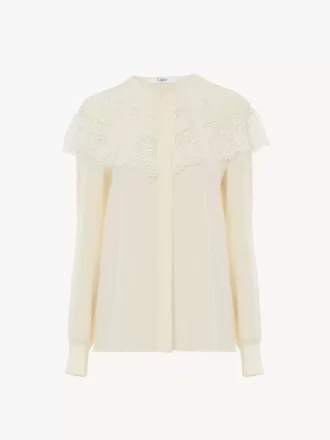 Gathered blouse in crêpe de chine & lace