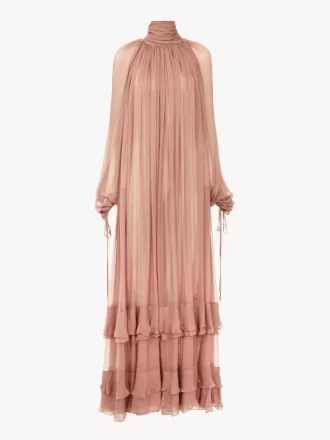 Gathered long dress in silk mousseline