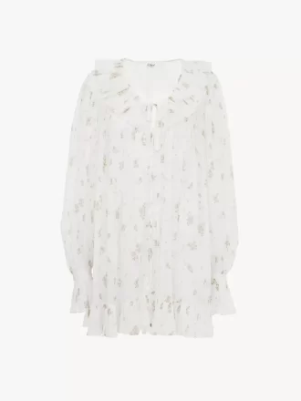 Gathered long-sleeve mini dress in cotton voile