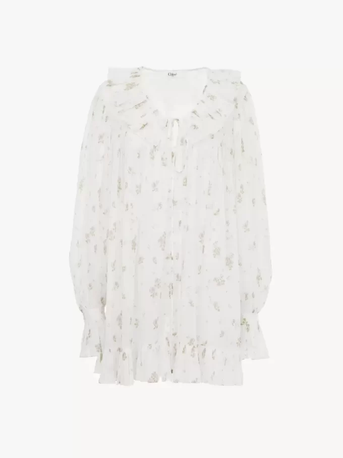 Gathered long-sleeve mini dress in cotton voile Gathered long-sleeve mini dress in cotton voile