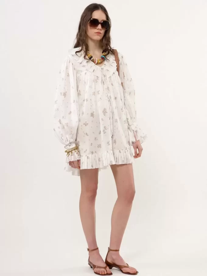 Gathered long-sleeve mini dress in cotton voile Gathered long-sleeve mini dress in cotton voile