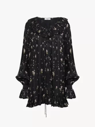 Gathered long-sleeve mini dress in silk charmeuse