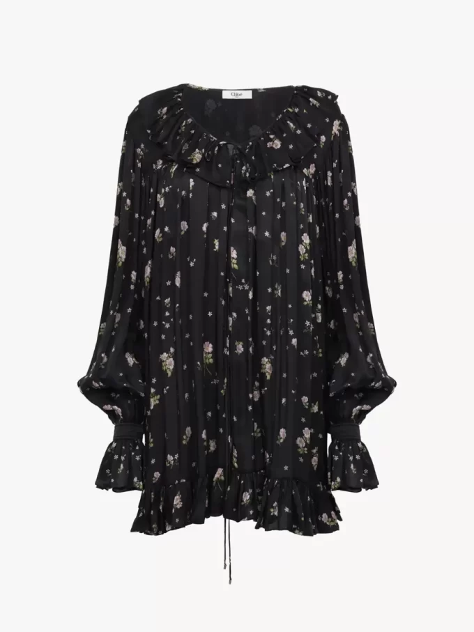 Gathered long-sleeve mini dress in silk charmeuse Gathered long-sleeve mini dress in silk charmeuse