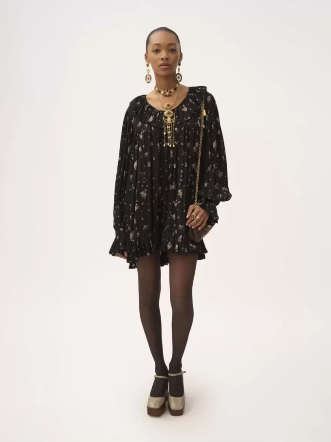 Gathered long-sleeve mini dress in silk charmeuse Gathered long-sleeve mini dress in silk charmeuse