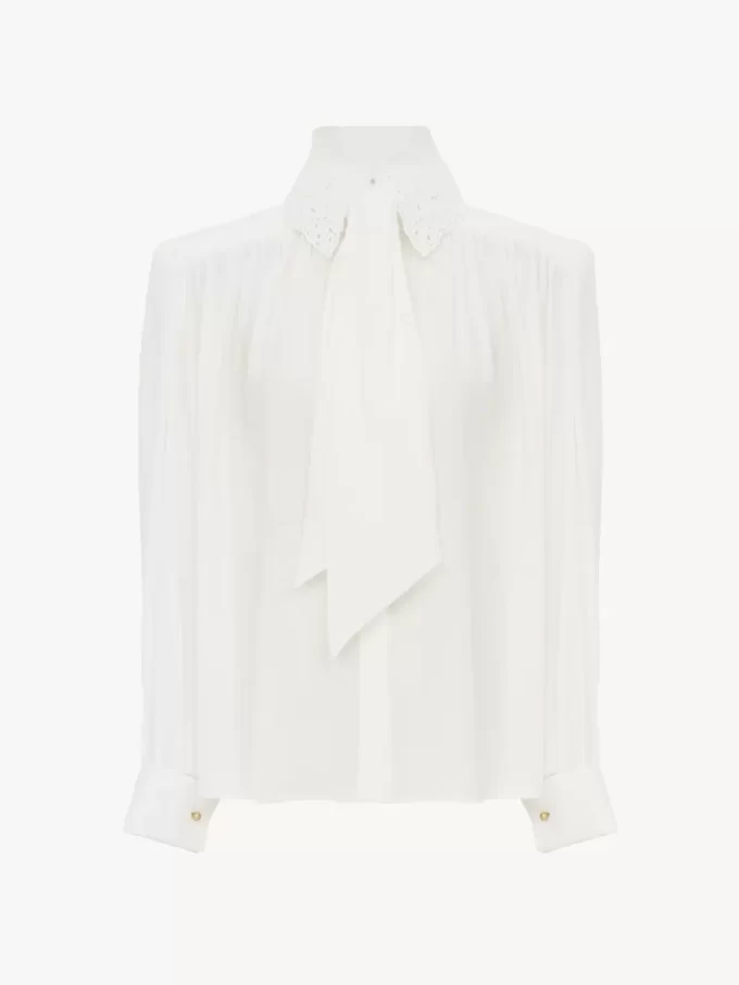 Gathered scarf-tie blouse in crêpe de chine & lace Gathered scarf-tie blouse in crêpe de chine & lace