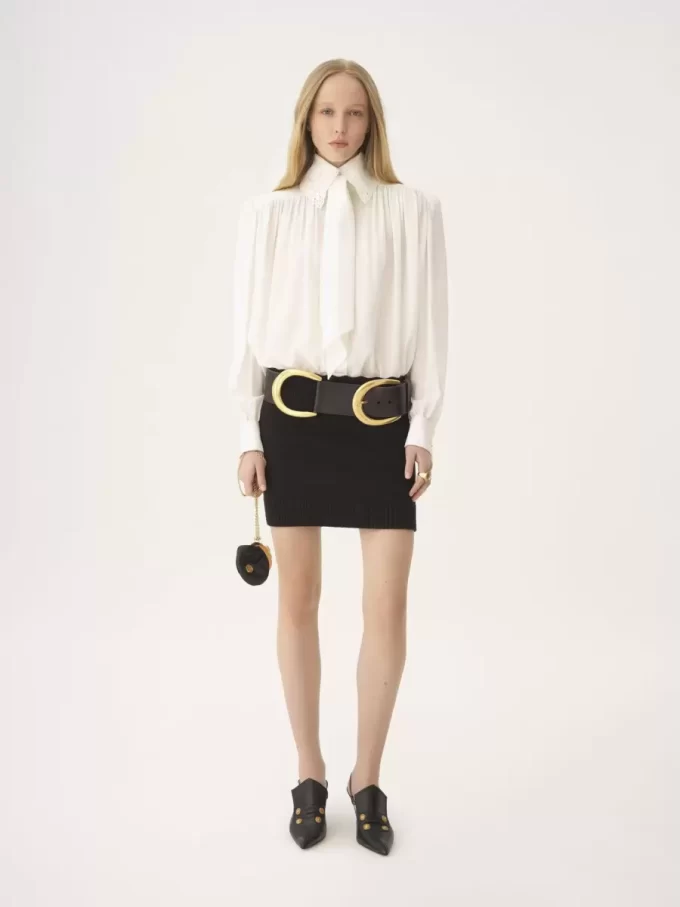 Gathered scarf-tie blouse in crêpe de chine & lace Gathered scarf-tie blouse in crêpe de chine & lace