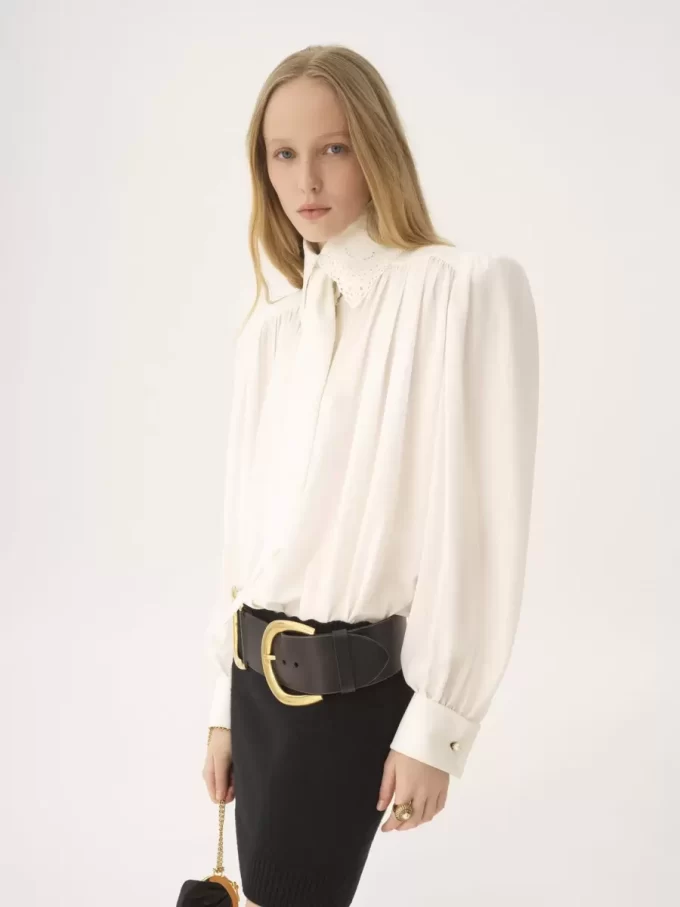 Gathered scarf-tie blouse in crêpe de chine & lace Gathered scarf-tie blouse in crêpe de chine & lace