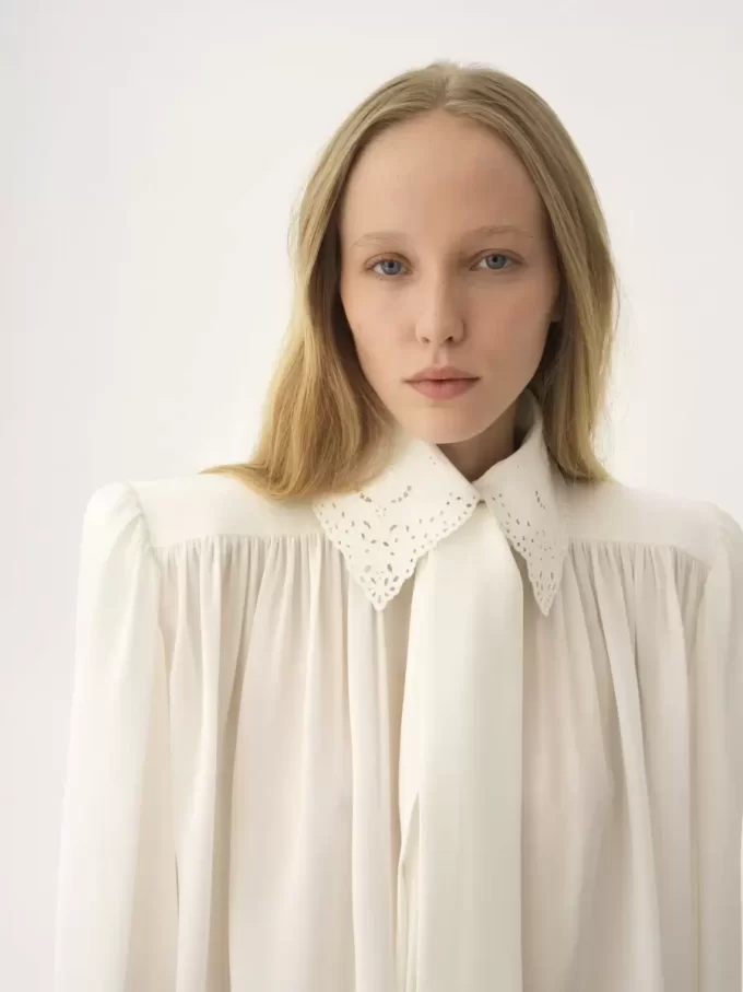 Gathered scarf-tie blouse in crêpe de chine & lace Gathered scarf-tie blouse in crêpe de chine & lace