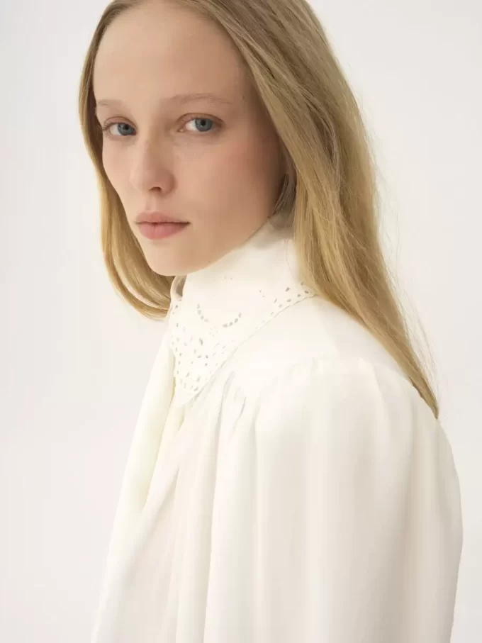 Gathered scarf-tie blouse in crêpe de chine & lace Gathered scarf-tie blouse in crêpe de chine & lace