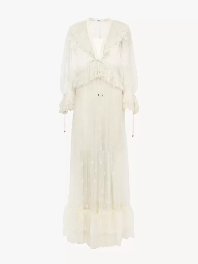 Gathered V-neck long dress in embroidered lace Gathered V-neck long dress in embroidered lace