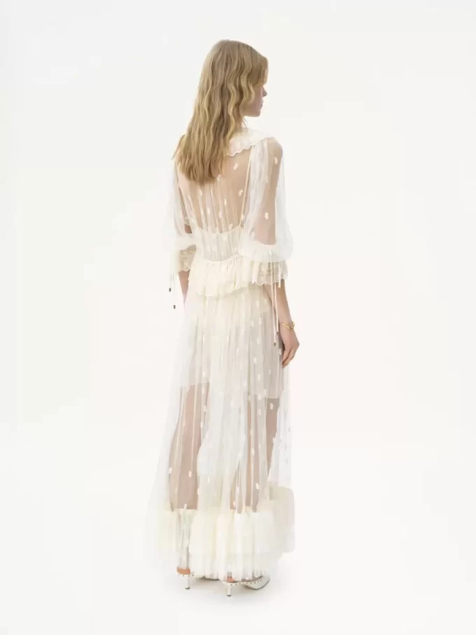 Gathered V-neck long dress in embroidered lace Gathered V-neck long dress in embroidered lace
