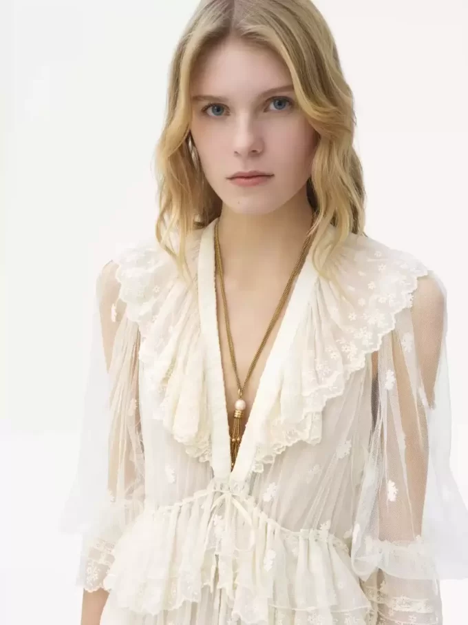 Gathered V-neck long dress in embroidered lace Gathered V-neck long dress in embroidered lace